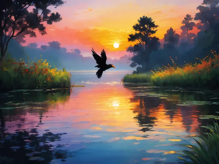 painting of birds flying over lake at sunset, beautiful art uhd 4 k, detailed 4k, painting 4k, painting 4 k, 美丽的painting哑光画, bea...