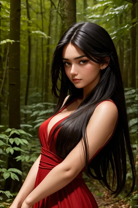 Beautiful black-haired girl with brown eyes and long hair in an elegant red dress walking through a night forest close-up on the face masterpiece of the highest quality photo shoot 