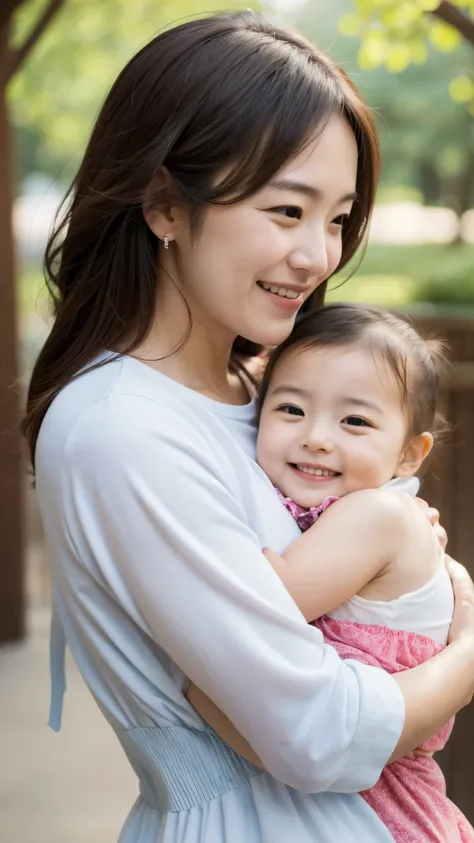 there is a woman and a  that are hug, with a 3 year old , Motherly, heartwarming, kindness, Gentle and gentle doting pose, Mother, mother, warm and gentle smile, very powerful, hug each other, profile photo, high quality uploads, advertisement, Soft and su...