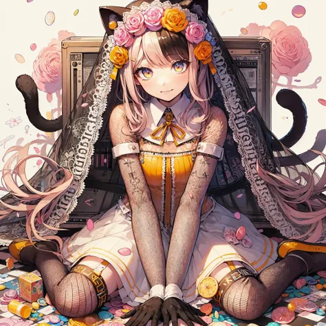 A girl with long hair sitting on the floor, with flowers in her hair. She has beautiful anime cat ears and is very attractive. Her hair is extremely detailed and flows gracefully. She is the winner of a Pixiv contest for her cute anime cat girl depiction. ...