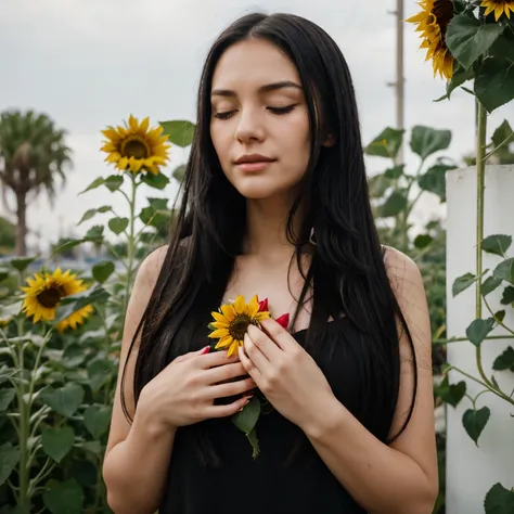 Woman with long straight black hair crying with her eyes closed with red and pink roses around her holding a sunflower in her hand long nails and thin hands fair skin round face 