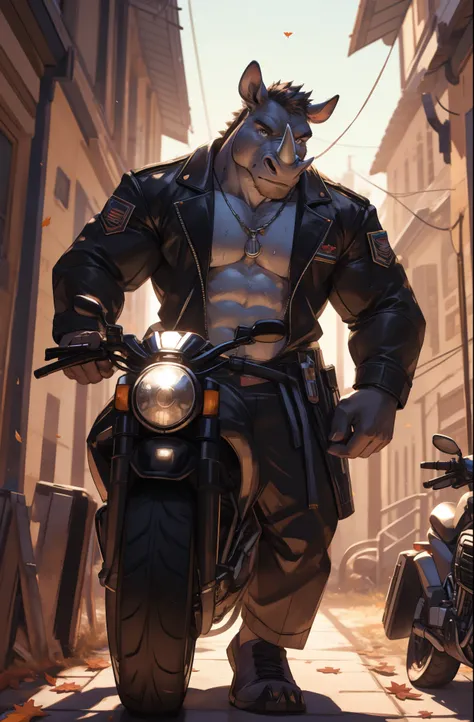 A rhinoceros riding a motorcycle, Rhinoceros, furry chest, fluffy chest, commission for high res, anthropomorphic, extra detailed body, detailed body, Best quality, masterpiece, ultra high res,detailed background,realistic, real shadow and light,depth of f...