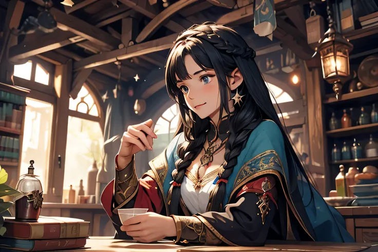 Illustrate a girl with long, braided black hair in a medieval setting, three filled bags on the table, and a star rune, with a whimsical and mystical feel. intricate details, fantasy genre  