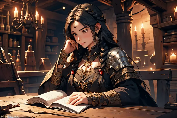 Illustrate a girl with long, braided black hair in a medieval setting found three filled bags on the table, and a star rune in a dungeon room, with a whimsical and mystical feel. intricate details, fantasy genre