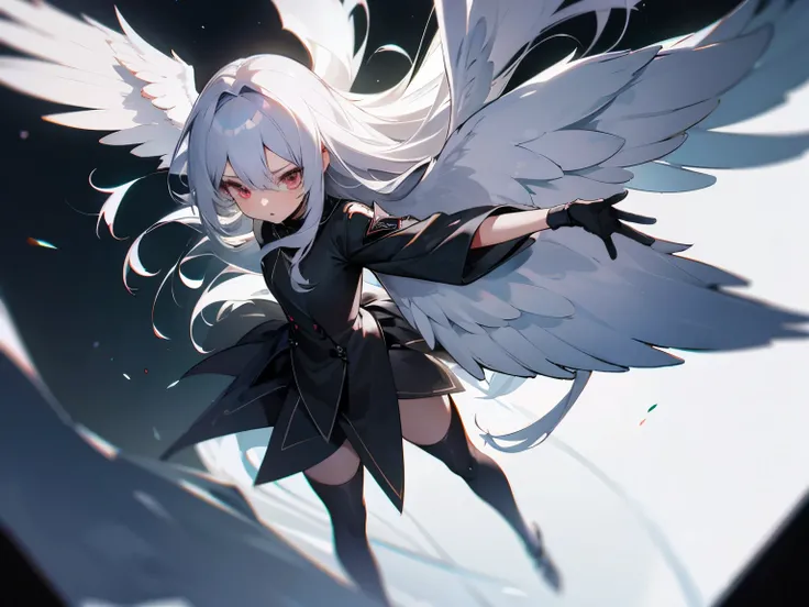 silver hair　long hair　Black wings　girl