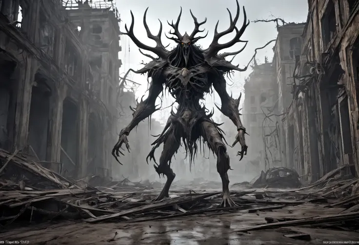 The Wendigo is stand among the destroyed City, (best quality,patriarch),(Very subtle colors), ,It is set in a post-apocalyptic wasteland with the ruins of a once great civilization. ,perfect composition, The best exhibition, (golden ratio:1.2) , HDR, Amazi...