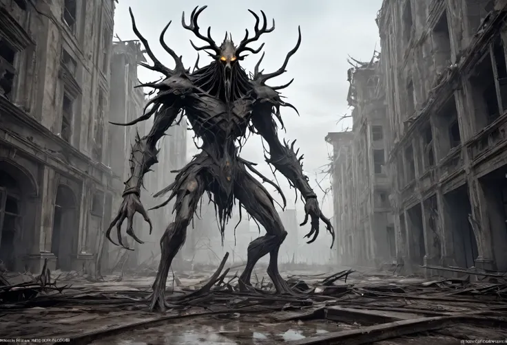 The Wendigo is stand among the destroyed City, (best quality,patriarch),(Very subtle colors), ,It is set in a post-apocalyptic wasteland with the ruins of a once great civilization. ,perfect composition, The best exhibition, (golden ratio:1.2) , HDR, Amazi...