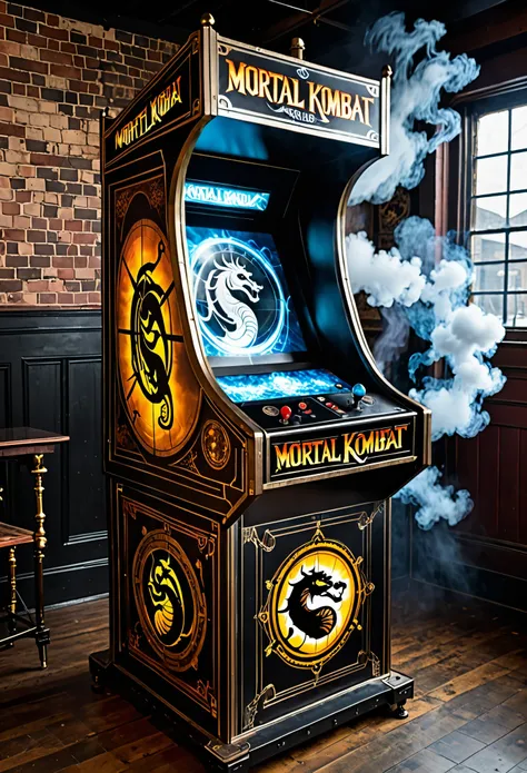 Mortal Kombat arcade game, made in 1800s England, steampunk machine, holographic gameplay projected on a cloud of steam
