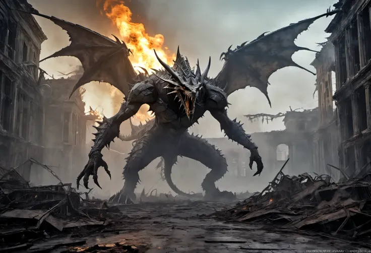 The Rotten Zombie Dragon is standing among the burning city, (best quality,patriarch),(Very subtle colors), ,It is set in a post-apocalyptic wasteland with the ruins of a once great civilization. ,perfect composition, The best exhibition, (golden ratio:1.2...