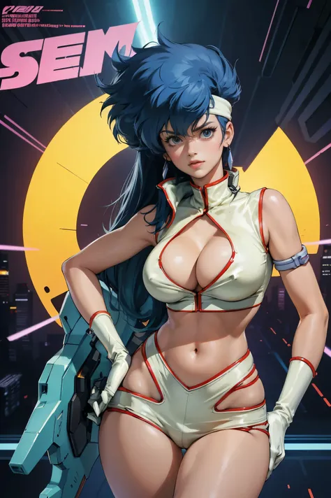 Yuri from The Dirty Pair, , wearing a tight outfit, skimpy, medium breast, (long hair), dark blue hair, beauty, cyberpunk city background, holding retro space-gun, cleavage, slim waist, slim thighs, thigh gap, (light yellow uniform), show belly