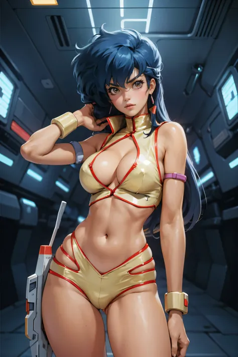 Yuri from The Dirty Pair, , wearing a tight outfit, skimpy, medium breast, (long hair), dark blue hair, beauty, cyberpunk city background, holding retro space-gun, cleavage, slim waist, slim thighs, thigh gap, (light yellow uniform), show belly