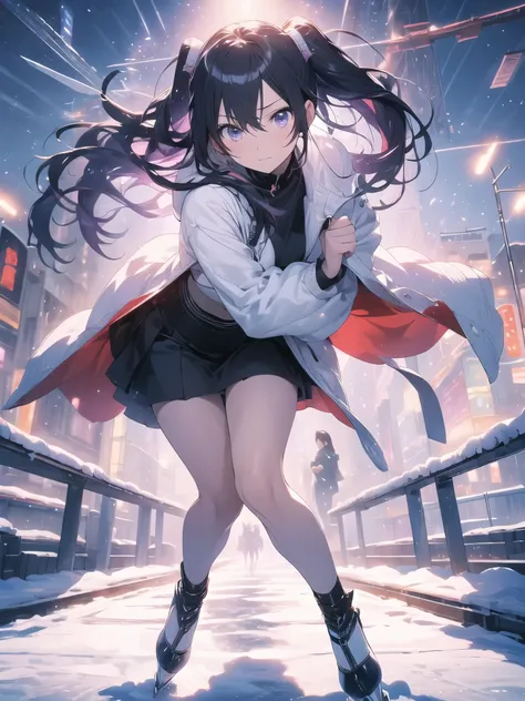 ice skating、snow、red coat、black tight skirt、purple mixed hair color、surreal japanese portrait,Works それ influenced Antonio Lopez&#39;technology, Close zipper, perfect lighting, (perfect hands, perfect anatomy)、whole body（1:2）、outstanding style,Yoga Style、（1...