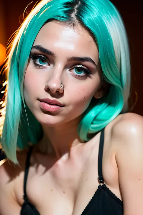  north Indian girl with cyan coloured hair, perfect jawline, perfect cheekbone, perfect face, volumized detailed textured hair, perfect detailed face, fair white skin, shinny cyan coloured hair, athletic build, beautiful attractive breasts, sexy naval, per...