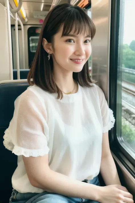 masterpiece,beautiful,very detailed,exquisite,smile,white blouse,saya e235, inside the train,sit on the seat,strap