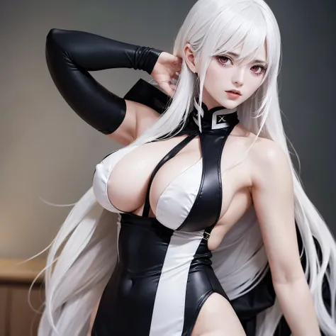 Kyouka Uzen beautiful tall attractive woman with white hair and big breasts in black uniform with the best quality best effects best shadows best lighting 8k 