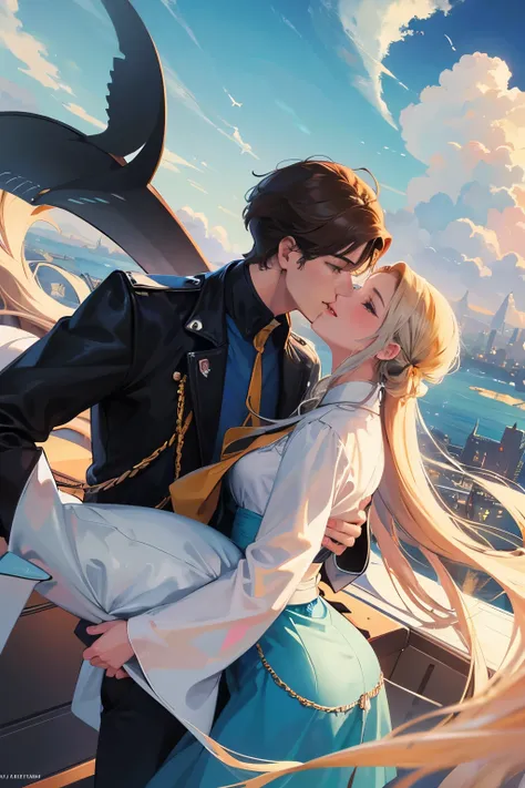 A pair of handsome men and beautiful women kiss sweetly in an aircraft，Behind you is the city in the sky exposed in the clouds，Below the Castle in the Sky is a whale carrying it