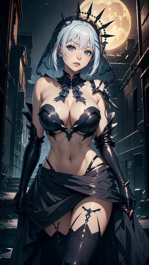 Masterpiece, high quality, 8k, ultra detailed, detailed face, huge breast, cleavage, standing, detail face, detail body, thigh, (dark vibes:1.5), drk1