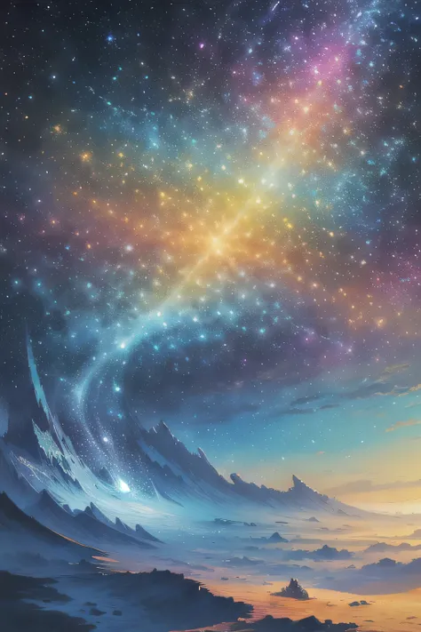 (masterpiece, top quality, best quality, official art, Beautiful and beautiful:1.2), deserted clouds, Dreamy starry sky，extremely detailed,(fractal art:1.3),rich and colorful,most detailed