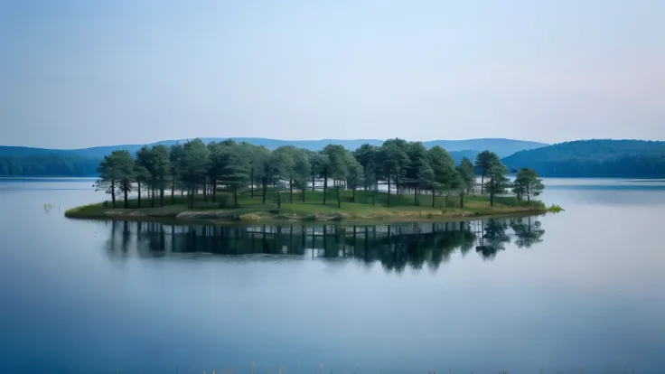 There is an island on the water，There are trees, trees reflected on lake, an island floating in the air, an island, islands floating in the sky, in the middle of the lake, floating trees, forest with lake, still water like mirror, in a peaceful scenery, my...