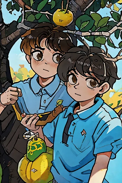 creates a cartoon drawing of two boys almost the same size similar to txt&#39;s beomgyu and yeonjun on a mango tree, uno tomando la foto como selfie y el otro arriba del arbol comiendo mango