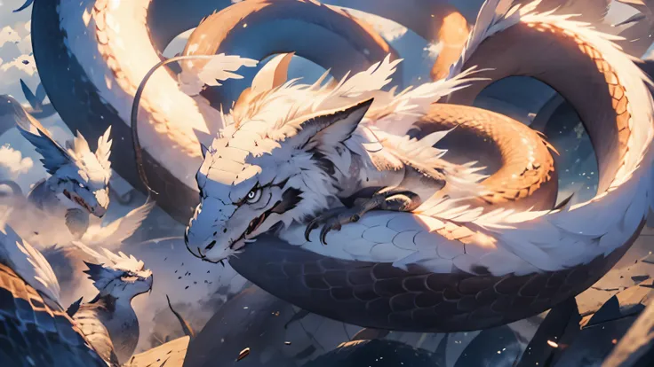 Draw a snake with wings，white wings，with fluff