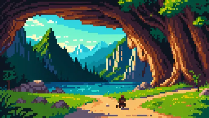 (best quality, high quality, 8k), pixel art, landscape drawing, in the cave, cave, (fantasy), fantasy landscape, high detail, beautiful landscape