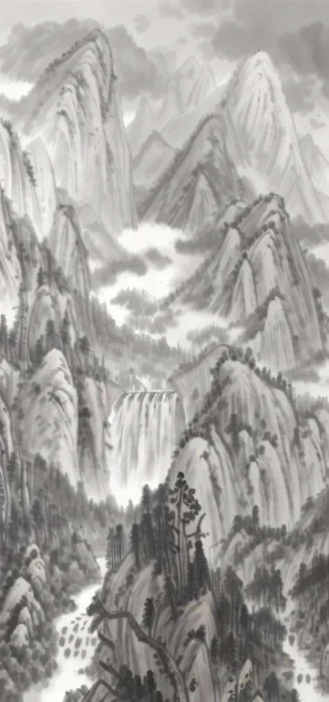 a black and white painting of a mountain scene with a river, chinese landscape, inspired by Dong Qichang, traditional chinese ink painting, inspired by Wang Yuanqi, inspired by Huang Binhong, chinese painting style, traditional chinese painting, traditiona...