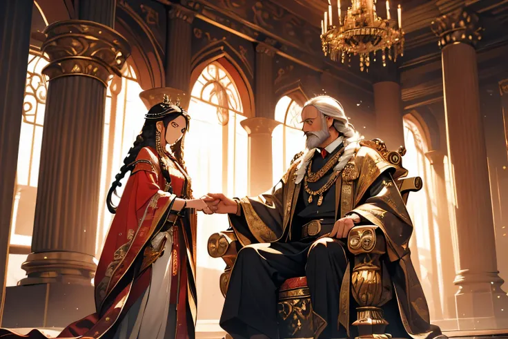 The illustration depicts a girl with long black braided hair meeting an old king in the palace, the king sitting on the throne chair and the girl standing in front of the king. they both were talking