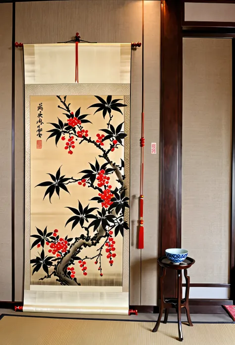 there is a picture of a picture of a tree with red berries, chinese painting style, hanging scroll on wall, chinese style, chinese style painting, with ancient chinese aesthetic, inspired by Emperor Huizong of Song, japanese style painting, chinese art, in...