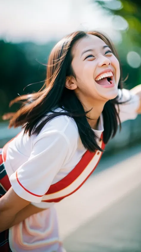 1girl in((Laughing)), Reaching the climax, masterpiece, fleeing Background bokeh:1.5.