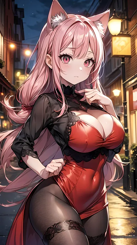 POV: Looking up at character, 1 female, cat girl, (((pale skin))), (((pink colored cat ears))), ((appearance: streaming red hair ribbons, radiant red colored eyes with cat shaped pupils,)), ((hair: long pink hair, straight hair, hair drills, side bangs, pi...