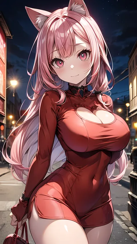 POV: Looking up at character, 1 female, cat girl, (((pale skin))), (((pink colored cat ears))), ((appearance: streaming red hair ribbons, radiant red colored eyes with cat shaped pupils,)), ((hair: long pink hair, straight hair, hair drills, side bangs, pi...