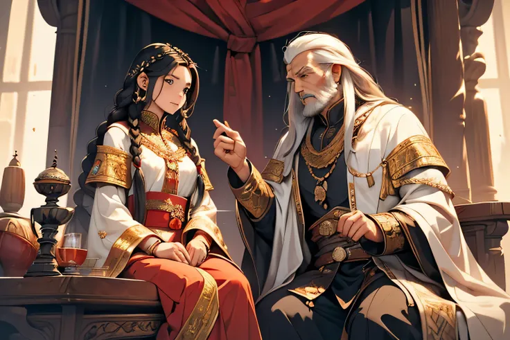 The illustration depicts a girl with long black braided hair with her traveler clothes meeting an old king in the palace, the king sitting on the throne chair and the girl standing in front of the king. they both were talking

