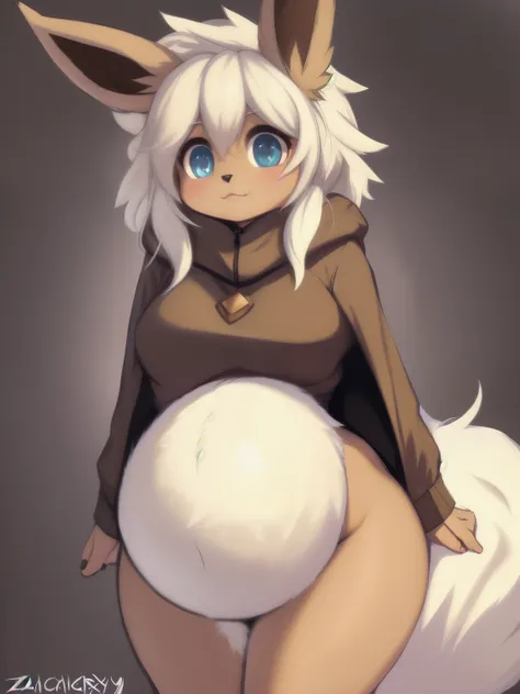 ((masterpiece, best quality)) by zackary911,zackary911, eevee anthro, solo, one character, blue eyes, female, fluffy fur, big fluffy tail, breast, fluffy fur neck, long white hair, wide hips, black poncho, moving big vore belly. navel