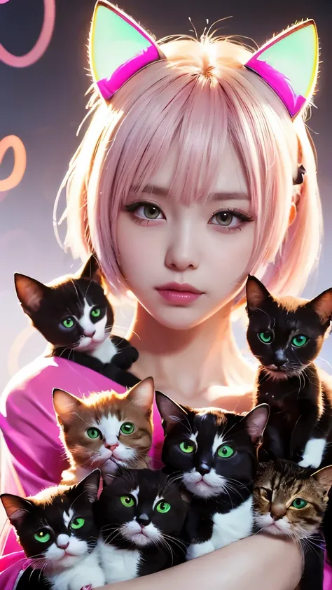 masterpiece, 4k, Bokeh, beautiful face, Harem, (multiple girls:1.4), (Group Photo:1.5), (Cat ears:1.3), (white bob hair:1.3) , looking at the viewer, cowboy shot, holding many cats in both hands, (Neon pink background :1.4), closeup