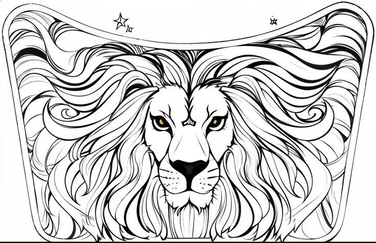 (monochrome, adult colouring pages, vectorized) vector design with image of a lion's head on the front, lion's hairs spread thro...