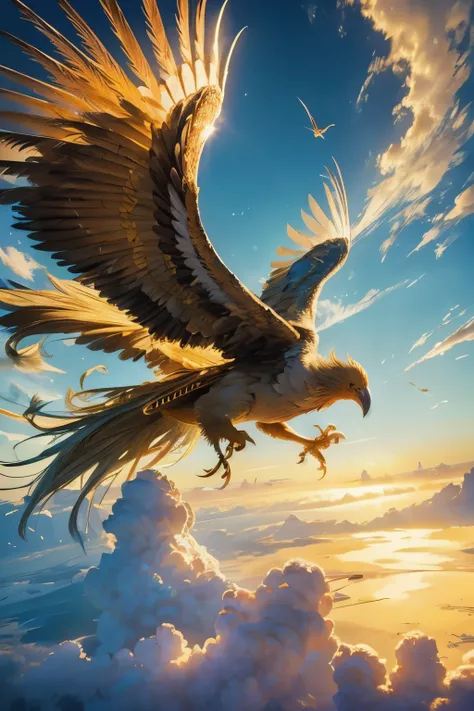 Roc, the magnificent golden bird with an HD image quality, soars majestically in the sky. Its feathers, shimmering with the radiance of the sun, catch the light and reflect it in dazzling bursts. The intricate details of its bird form, each feathers edge d...