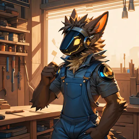 Protogen,brown fur,orange panels,blue overalls,thin,big ears,carpenter workshop background