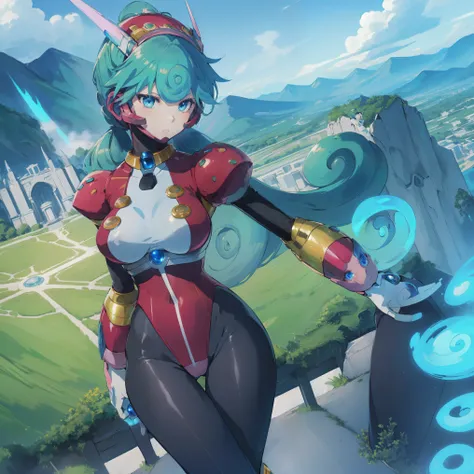 marino_megamanx, 1girl, green hair, blue eyes, ponytail, detailed face, breasts, high quality, masterpiece, standing on a hill with mountains around him, in the style of anime art, imposing monumentality, translucent immersion, grandeur of scale, i cant be...