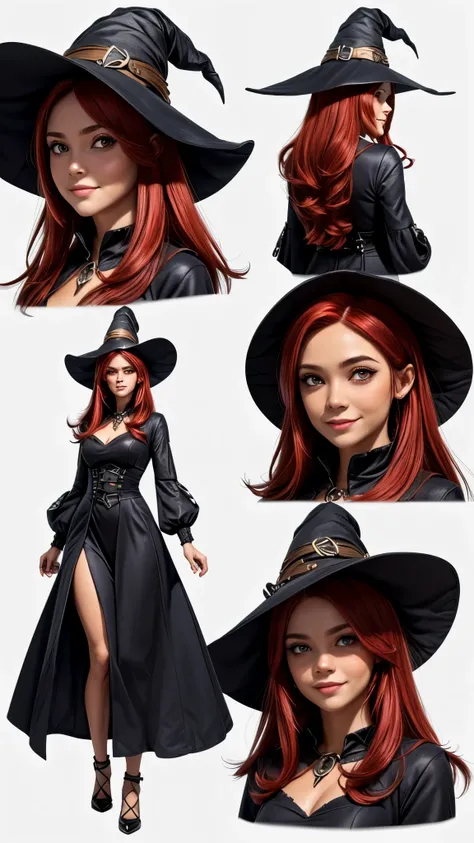 (Masterpiece, best quality), detailed, ((character concept art)), ((character design sheet, same character, front, side, back)), many items, (1woman, female, black long dress, witch hat, witch dress cloth, fire magic, mage of fire, many parts), (ruddy skin...