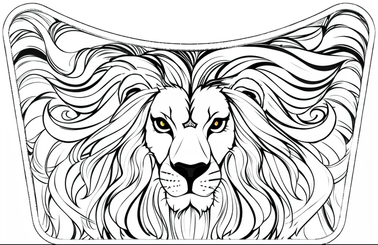 (monochrome, adult colouring pages, vectorized) vector design with image of a lion's head on the front, lion's hairs spread thro...