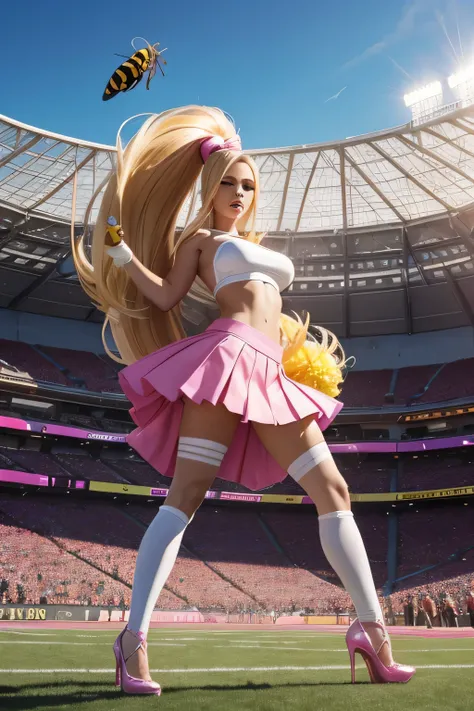 A villainous girl standing in a football stadium, sexy, sexual, affectionate, big breast and long yellow hair, wearing a pink cheerleader with a white stripe and a metallic pink circular skirt underneath, and wearing a pair of long white heels and hand thr...