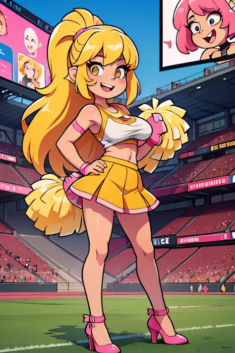 A Girl Smiling evil standing in a football stadium sexy sexual affectionate big breast and long yellow hair and she is wearing a pink cheerleader with a white stripe and underneath a metallic pink circular skirt and she is wearing a pair of long white heel...