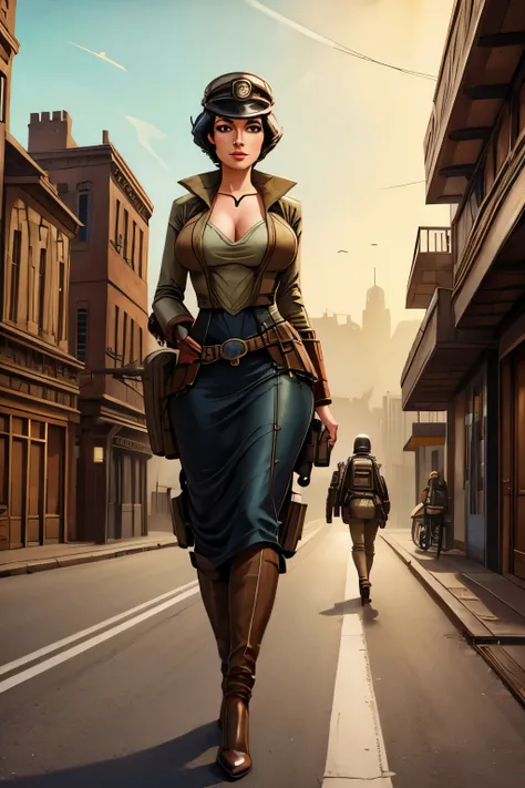 Gorgeous woman, walking down the road, farshot, dieselpunk