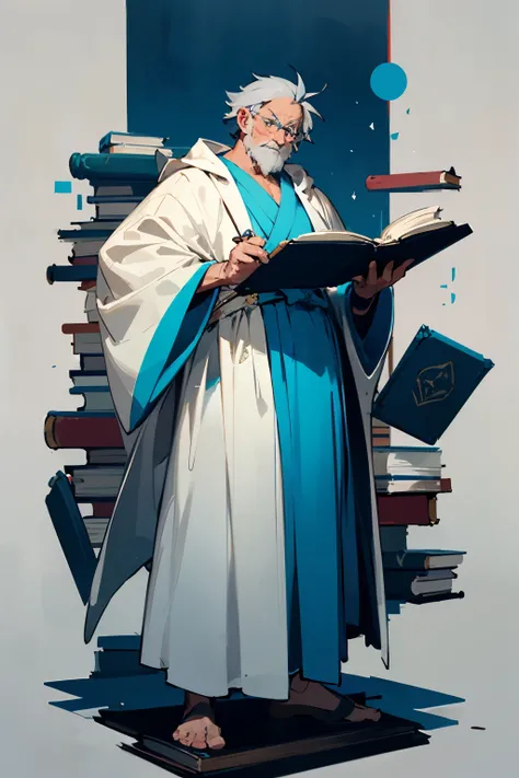 (pose), character design, (old man), male, ((librarian)), dark skin, (robe), cyan, blue colors, gray hair, holding book,(perfect quality)