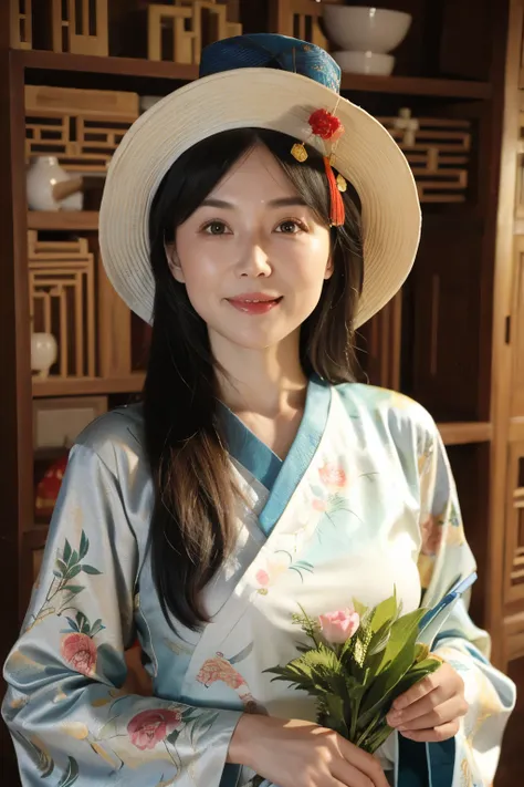 Chinese beauty，eyes clear and bright，Smile affectionately，Printed Hanfu，hat，attic，nice photos