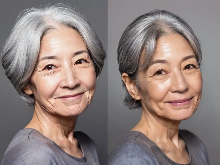 (((japanese))),(((real skin))),(((wrinkles))),smile,(((facial wrinkles))),(((nasolabial folds))),(((gray hair middle-aged woman))),(((70 years old woman)))