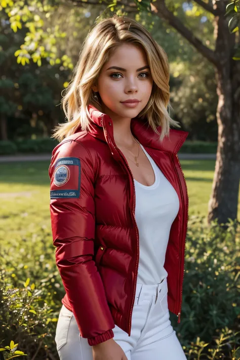 a gorgeous woman (Ashley Benson), masterpiece, best quality, (photorealistic:1.4), (RED SOFT PUFFER JACKET:1.25), (white tank top:1.1), (blue jeans:1.2), background posing in Melbourne, green trees, beautiful flowers, sunny day, cinematic light, beautiful ...