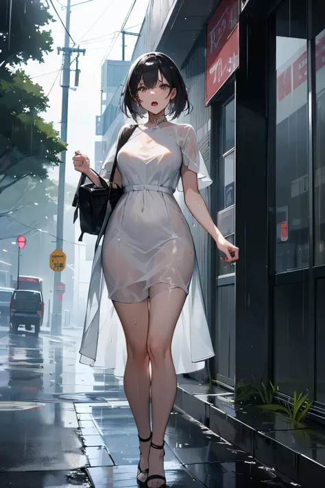 A beautiful woman dripping in the rain, see-through white dress, drenched, violent urges, screaming, standing on the street, wet, (((staring at me)))