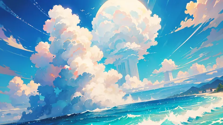 一张illustration，只有蓝天白云的illustration，Layered white clouds，sunny，illustration，Little fresh，masterpiece，movie quality